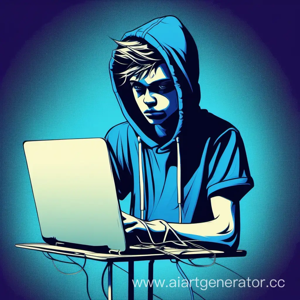 подросток зависимый от интернета , в синих цветах
