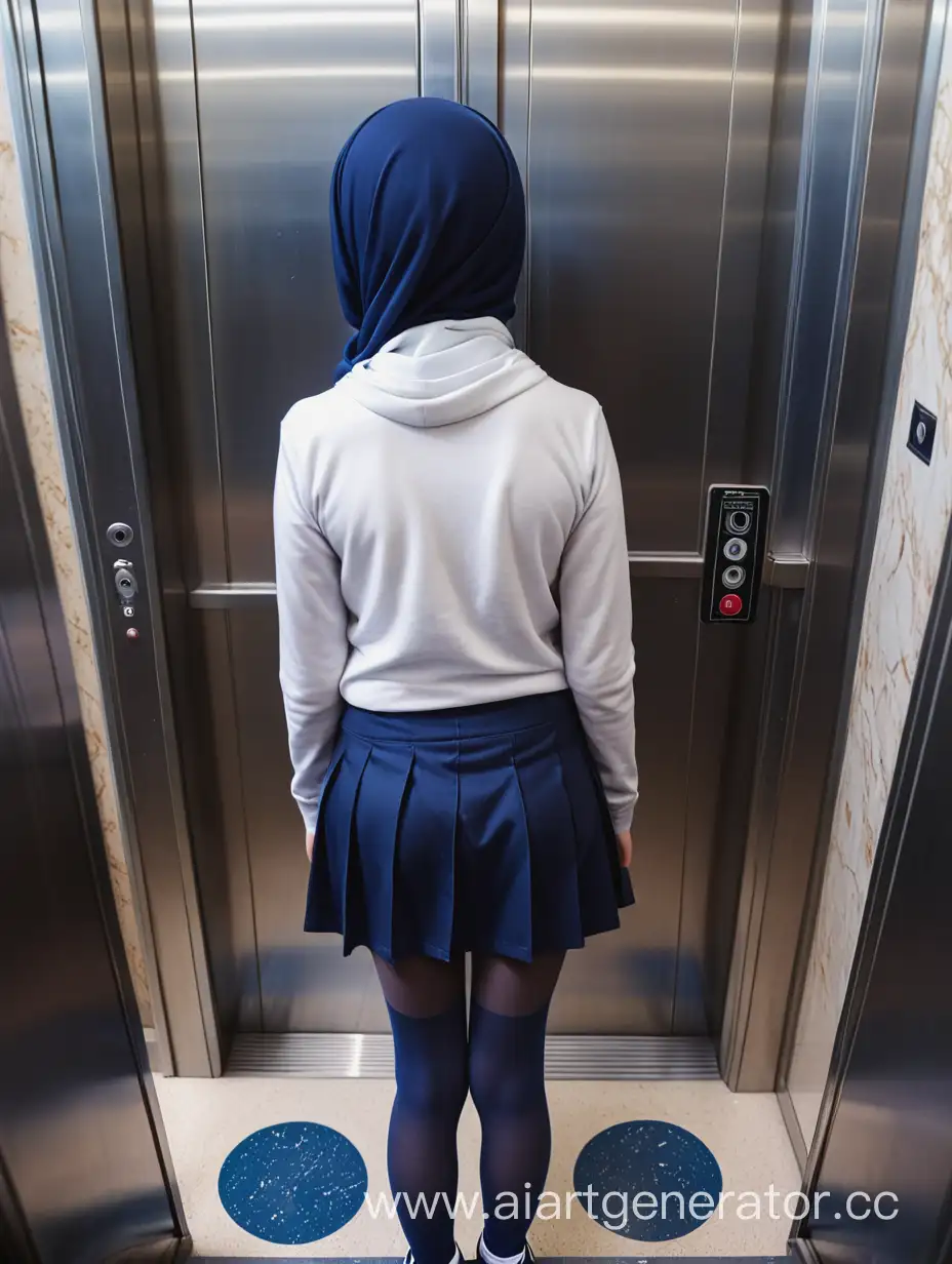 A beautiful girl. The girl wears a mini school skirt, navy blue opaque tights, converse shoes. 12 years old. In the elevator. Hijab. Bird's eye view. From the back side. Close-up. She puts her hands on the elevator's door. The photo taken from above. The girl leans her back against the elevator. Russian, plump lips.