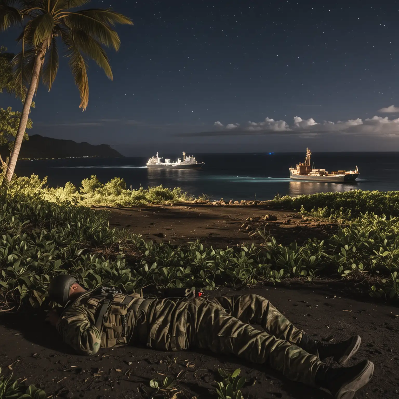 Au second plan, l'environnement tropical de l'ile de la Réunion de nuit, avec une vue sur l'océan avec un cargo au loin. 
Au premier plan, un corps au sol d'un militaire avec un treillis