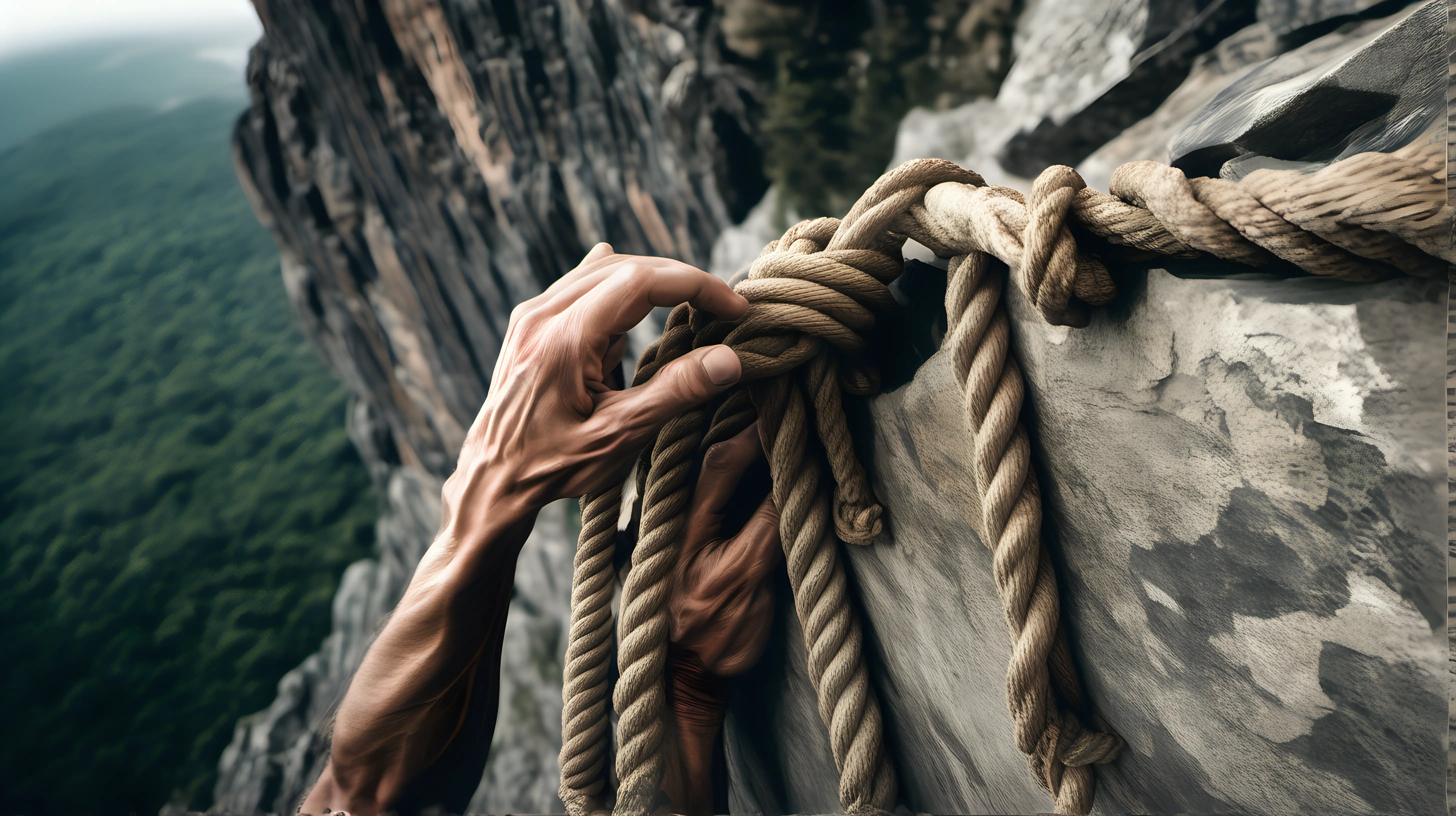 A pair of hands gripping onto a rope as a climber hauls themselves up a rocky cliff, their arms trembling with exertion, sweat dripping onto the earth below.