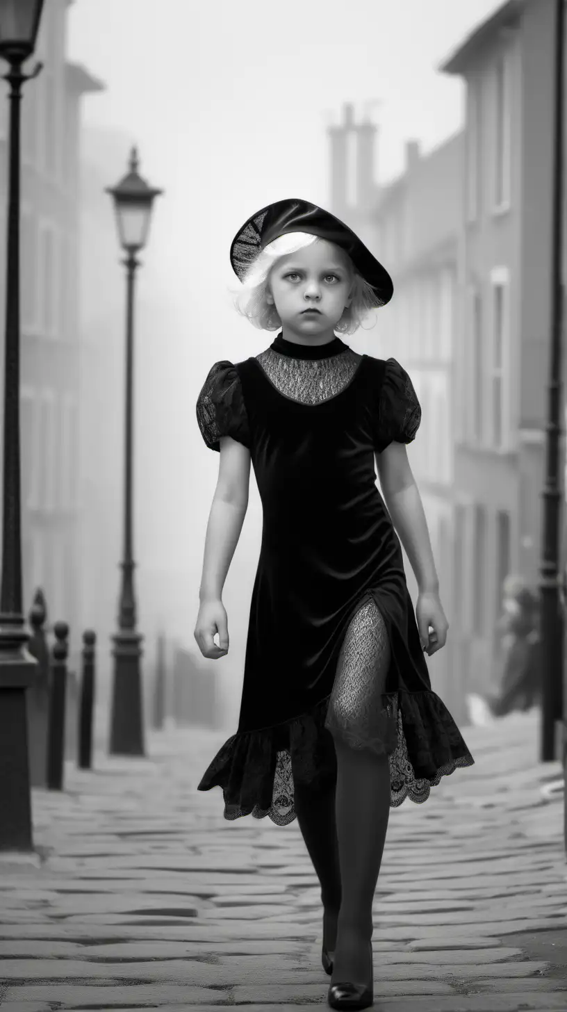 photo of a young little 8yr girl
Black and white photography
fog
diffuse light 
hd ,8k,realistic,photorealistic,photography,ultra-detailled,high resolution,Canon Eos R5,dslr,ISO 100,Shutter speed 1/1000

A wealthy young little 8yr girl, she is wearing a fancy black velvet high necked long sleeved 1930s gown, she is wearing a black leather short dress, she has white-blonde hair and pale  eyes, she is wearing a black lace hat, she is walking down a historic French city waterfront street, she has an angry expression, behind her are two younger white-blonde women in short-sleeved black 1930s voile white dress,black nylon tights, and heels stiletto
