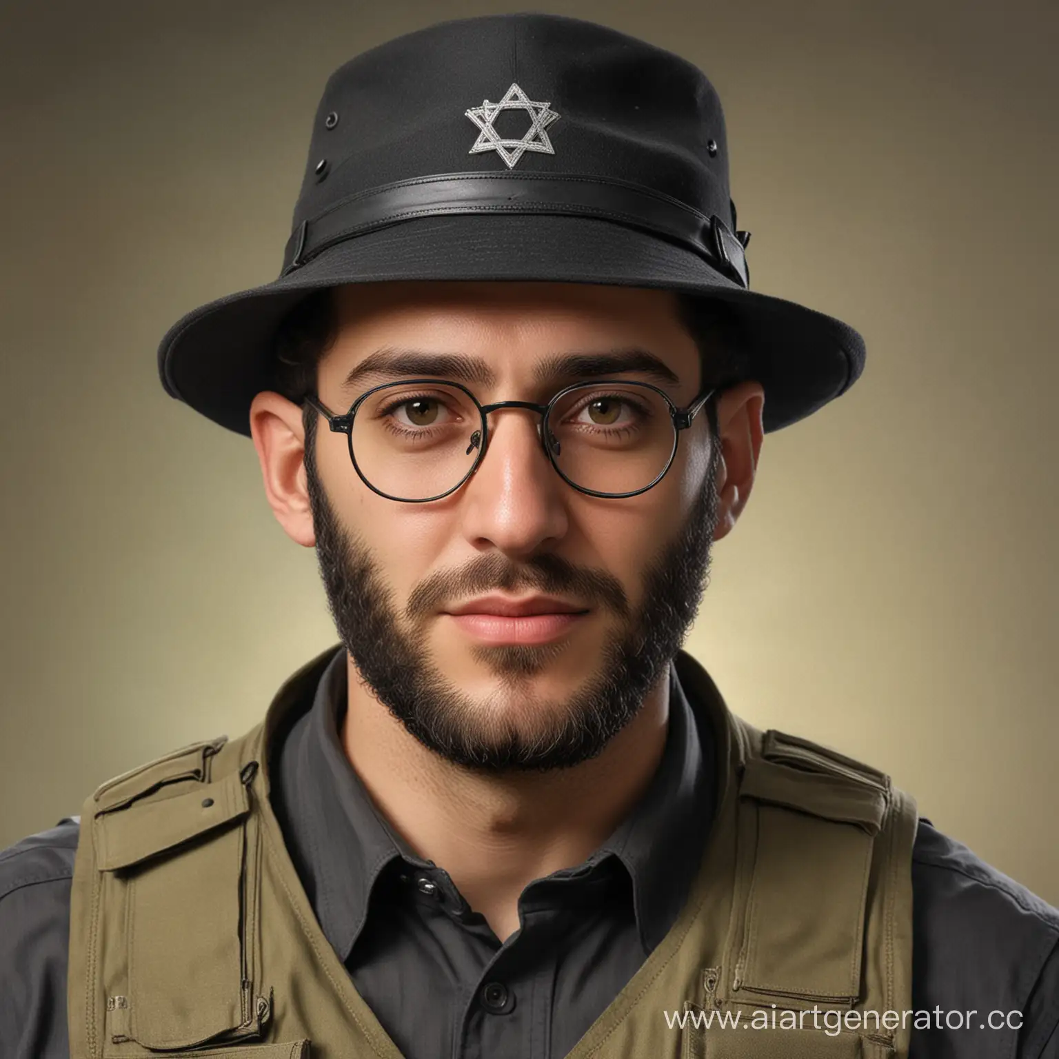 Сгенерируй портретную фотографию еврея - в обвесе бронежилета с тактическими карманами, пейсами, шляпой и очками, под очками на левом глазу шрам