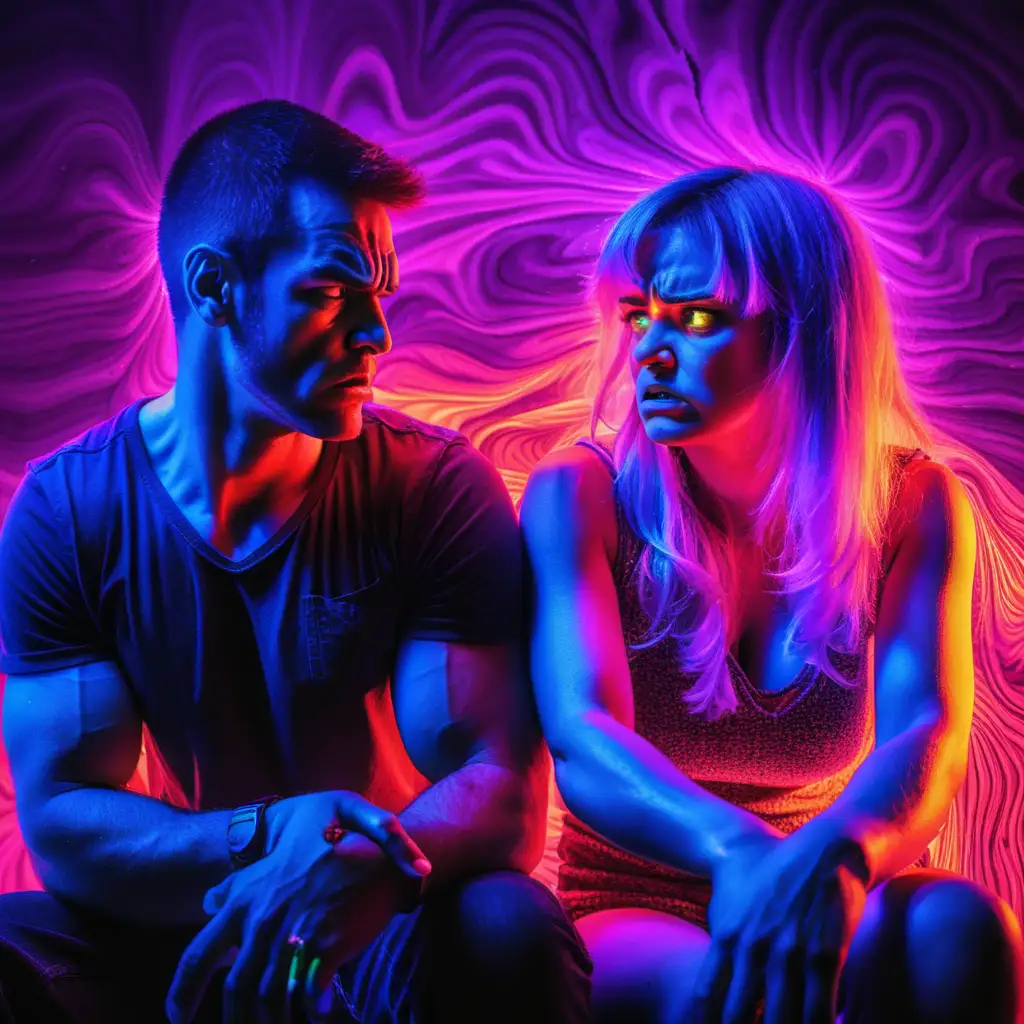 create an image of couple having an angry mood with each other are sad, the background is having colorful orgy uv black light effect