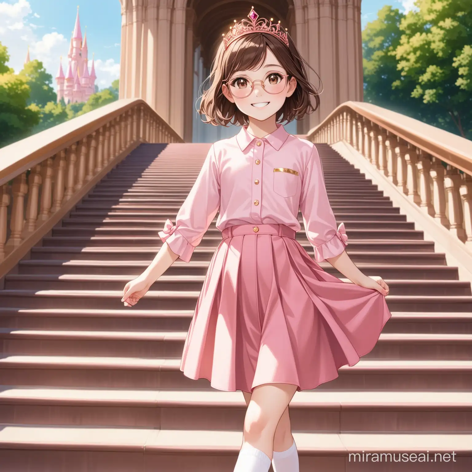 12 year old girl, short brown hair, brown eyes, rose gold glasses, smiling, pale pink buttoned shirt, dark pink knee length skirt with gold hem, rose gold tiara, white socks, pink mary janes, walking down an outdoor palace staircase