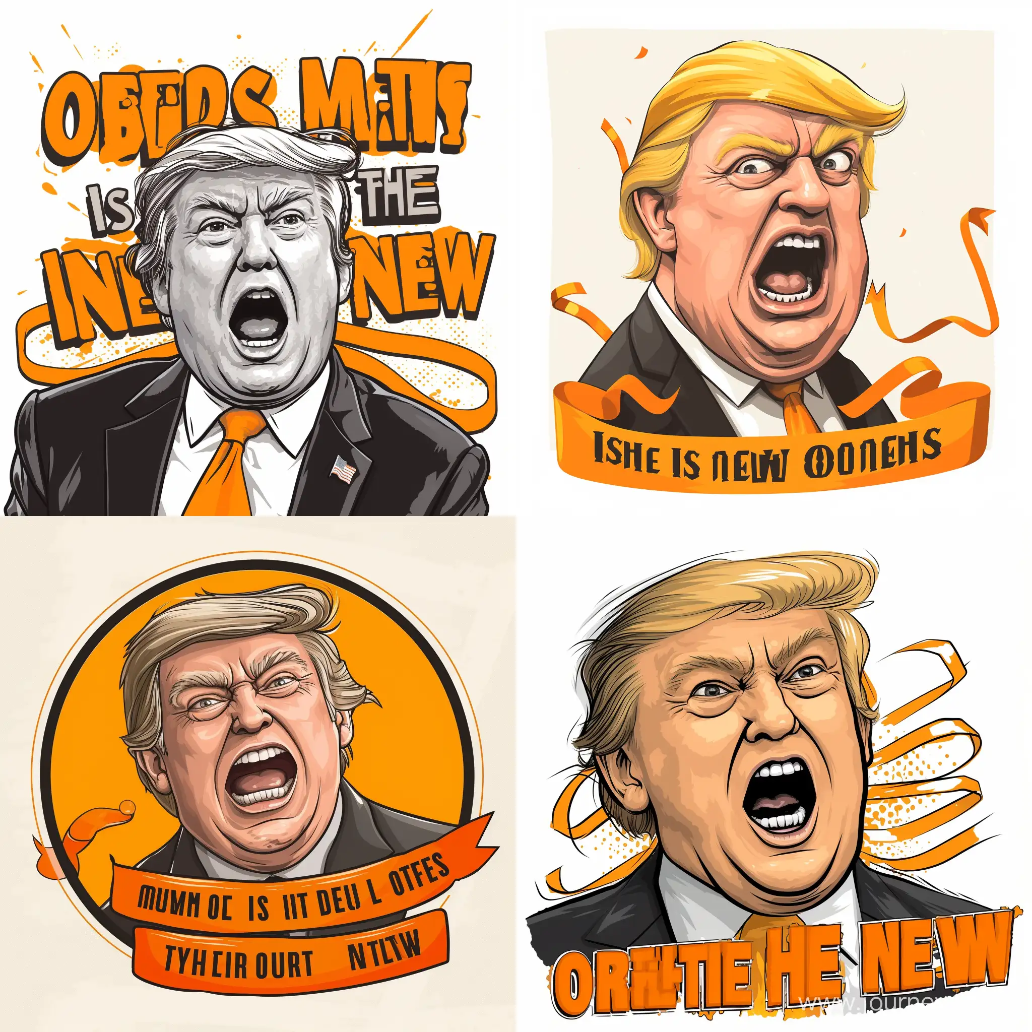 Action: Generate a creative and impactful typography vector illustration evoking a sense of humor, amusing illustrate USA former president Donald Trump caricature with exaggerated expressions. Incorporate elements such some creative puns, ribbon, and shapes that look the design more esthetical.

Typography: Orange is the new Orange. The words should be in a bold, prominent font, drawing attention to it as a key part of the main message. 'Is the new' should be contrastingly, possibly smaller and in a more whimsical or casual font, to underline the humor.  

Fonts Instructions: Select, Implement and placement a font that is bold, and legible. Must implement each of the word correctly. It is essential that the of text must be spelled correctly and prominently featured in the design. Split each of word to put in design the best sequential combination and clearly visible into the final design. The text should be easily readable from a distance. Never put any other additional texts or words.

Design Instructions: The overall layout should be balanced and aesthetically pleasing, with a clever use of spacing and alignment to enhance the comedic effect. The design should be both visually compelling and thought-provoking to give a more authentic look. Ensure the design is symmetrical and well-aligned accordingly. Ensure the final design edges not cut off or side off. Never use any mockup, just create the artwork with a perfect blank space all the edges.

Color: Stick to the traditional color like black and yellow in White background. 