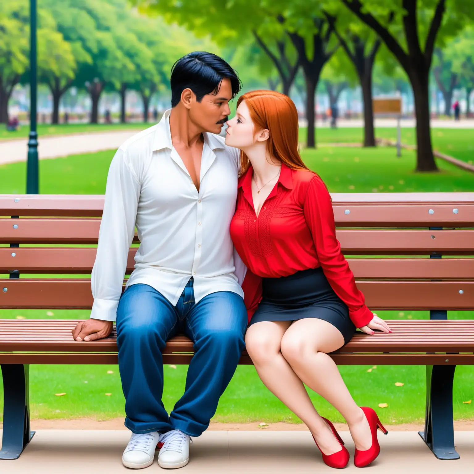 Passionate Couple Embracing on Park Bench and Table Date