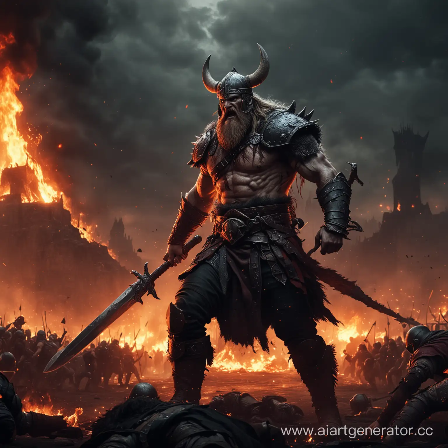Battle viking scene, blood, flames, dark fantasy, epic