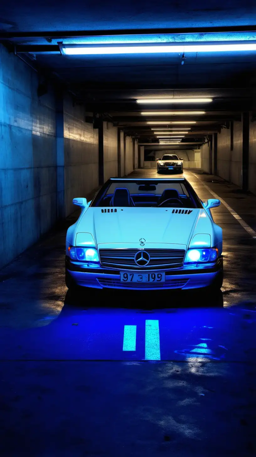 90s mercedes benz, in a underground parking structure, blue lighting, surrounded by supercar