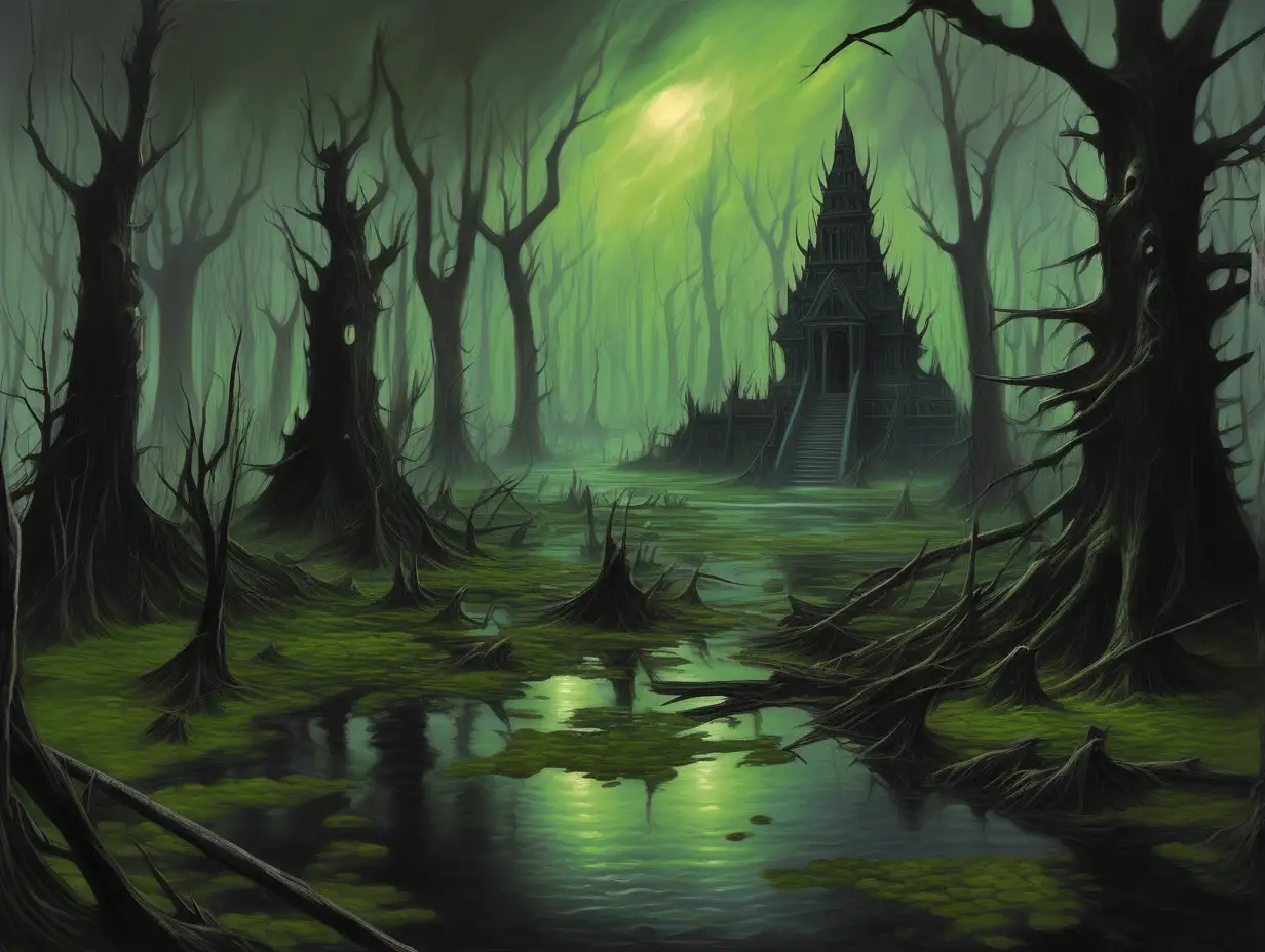 dark swamp, black green bog, sickly green fumes, gray cobblestone walkway, dead trees, distant temple, fantasy painting, MtG art