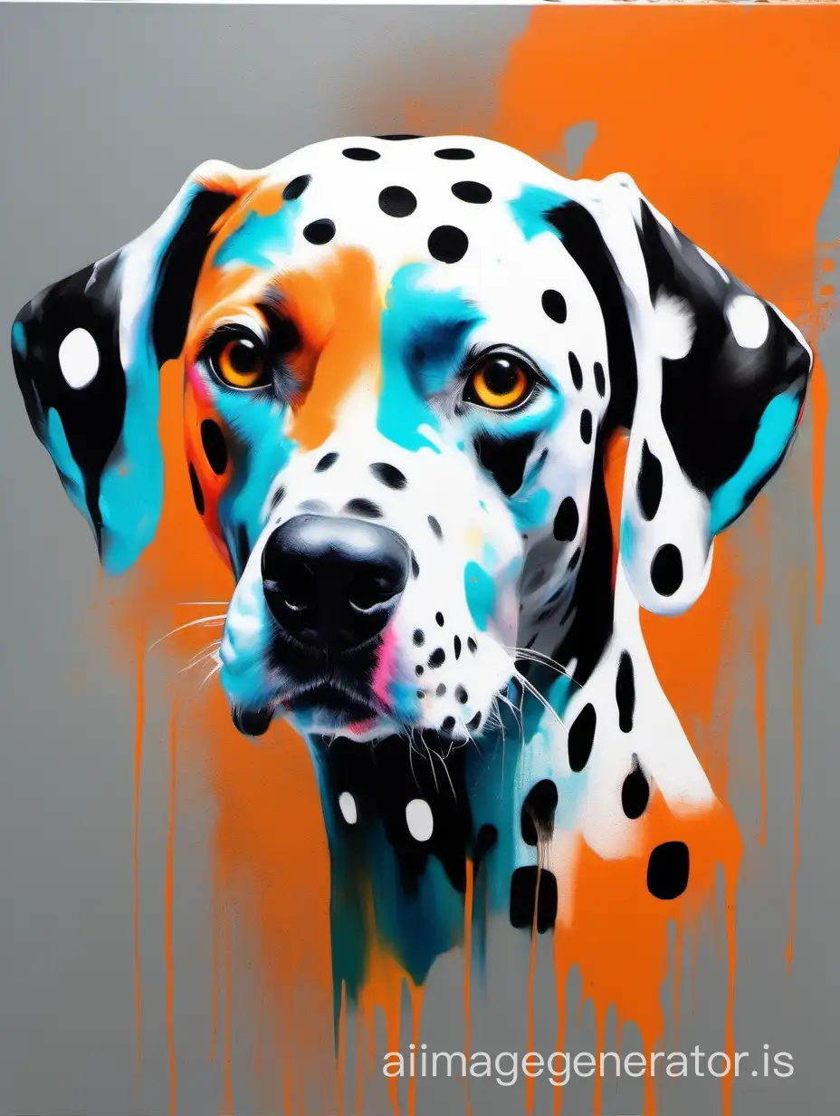 A captivating abstract and conceptual artwork of a vibrant dalmatian dog, with colors blending from front to back. The dog's face is a dynamic, layered representation of colors, starting with an intense orange and cyan blend in the front. The colors transition to a cool gray and finally warm up to become a mix of orange and pink in the back. The painting incorporates graffiti-inspired brushstrokes, creating an energetic and lively atmosphere. The overall ambiance of the painting is conceptual art with a touch of urban street art.