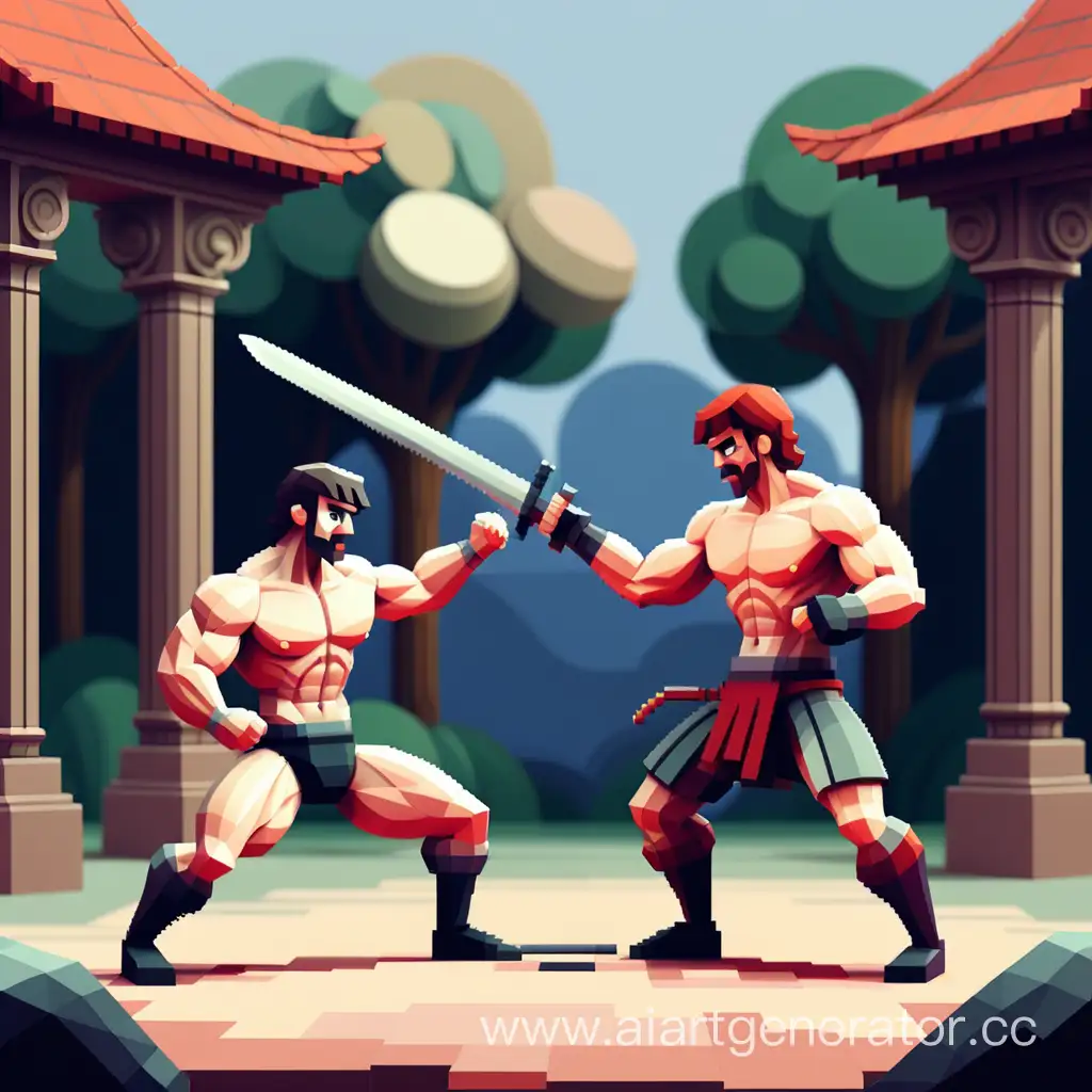 fit man sword fighting,  pixel art