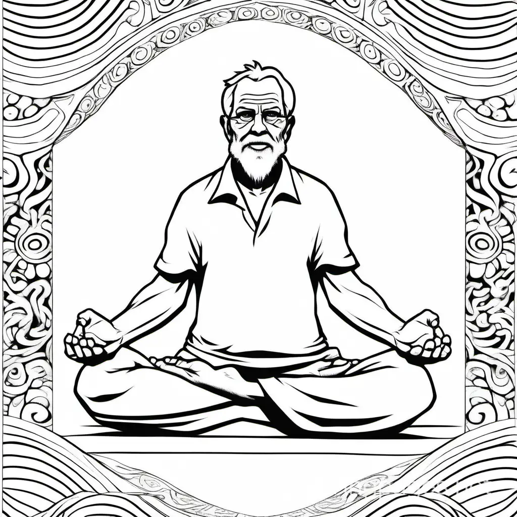 Old man in yoga pose cobra pose , Coloring Page, black and white, line art, white background, Simplicity, Ample White Space. The background of the coloring page is plain white to make it easy for young children to color within the lines. The outlines of all the subjects are easy to distinguish, making it simple for kids to color without too much difficulty
