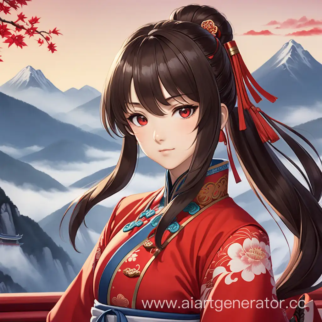 Аниме персонаж в китайском национальном красном костюме на фоне гор, у которого средние темные волосы и пустой взгляд с легкой улыбкой