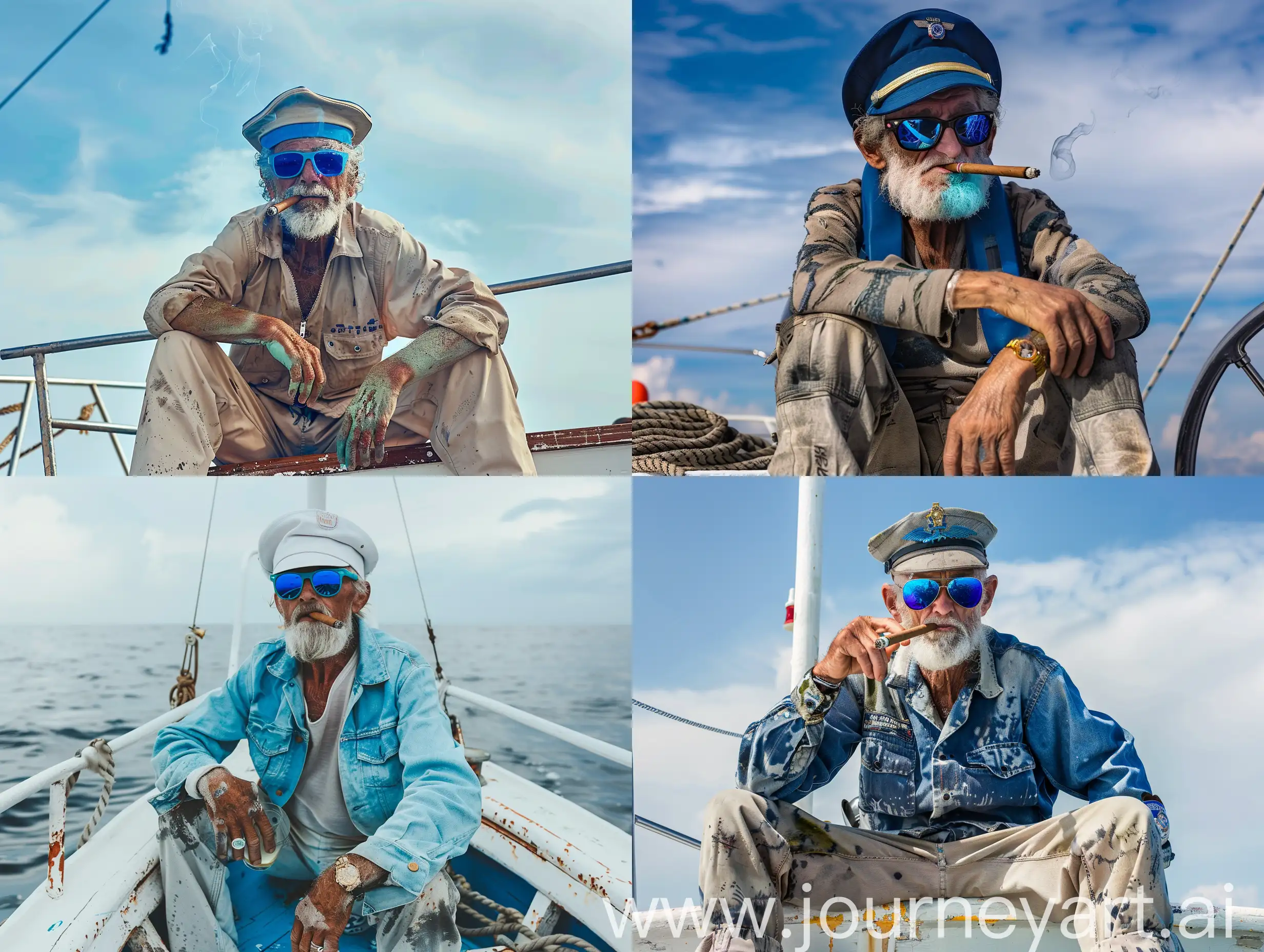 A drunk old oceanographer sits on the bow of vessel with cigare in the mouth, wearing blue sunglasses and marine captain hat
