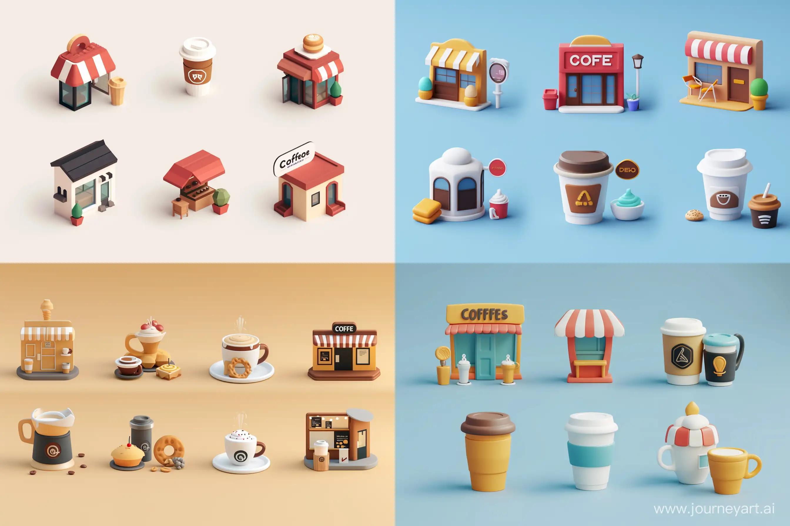 Simple, hyper-minimal icons of coffee shops and cafes. 6 variations. 3D rendering, intricate details. --style raw --ar 3:2 --v 6