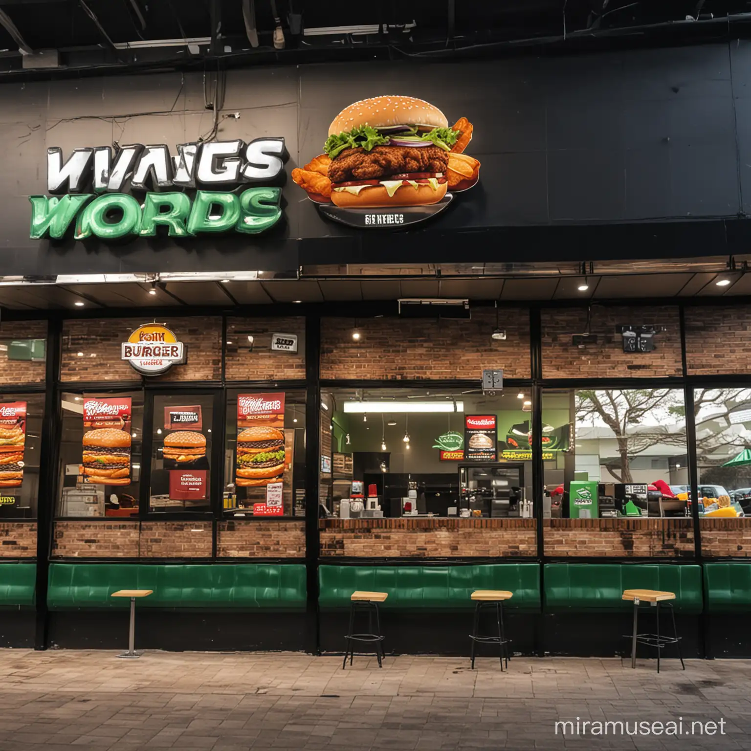 fast food restaurant fried chicken and burger with green and black theme with the name Wings world