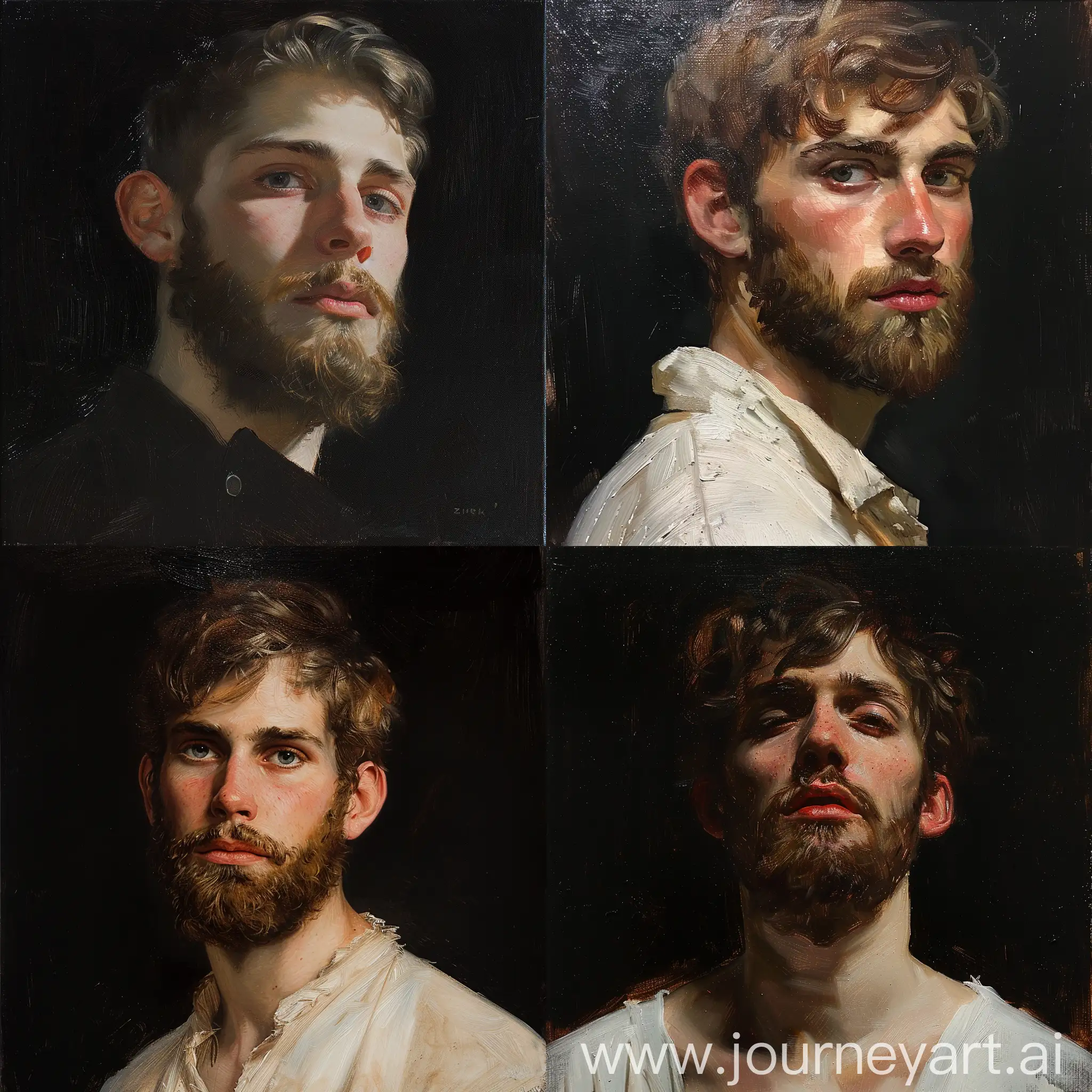 Oil sketch of a young man with beard , wlop John singer Sargent, jeremy lipkin and rob rey, range murata jeremy lipking, John singer Sargent, black background, jeremy lipkin, lensculture portrait awards, casey baugh and james jean, detailed realism in painting, award-winning portrait, amazingly detailed oil painting 