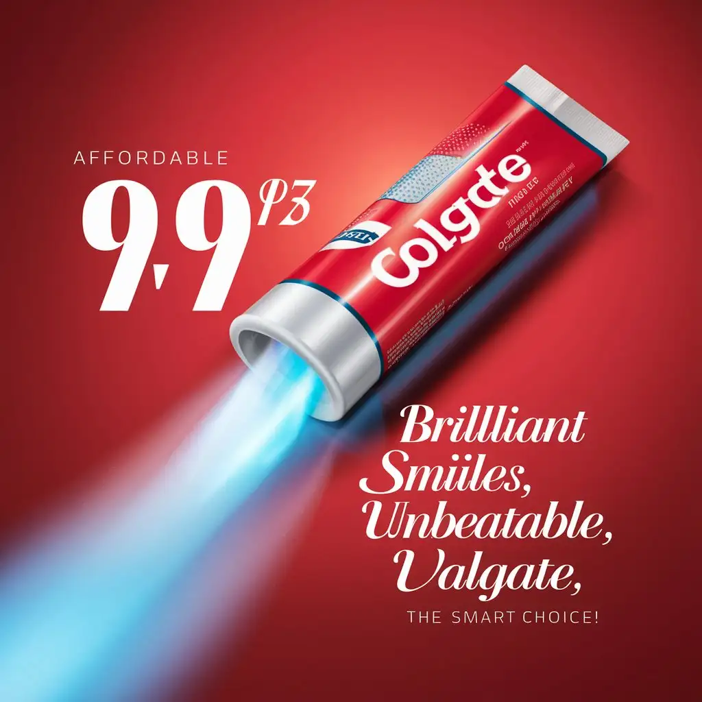 Create a advertisement for toothpaste. It should be decent and subtle looking. The advertisement is for the brand "Colgate". The advertisement should focused on the attractive pricing . It should be appealing to the customers. Add some creative text in the image related to toothpaste. 