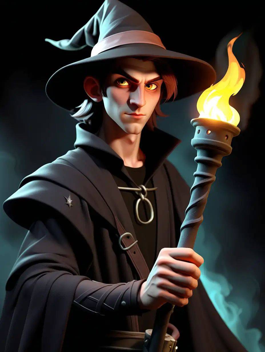 Young Male Witch Holding Torch at Night