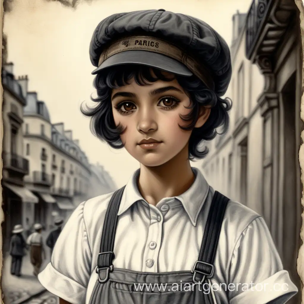 Девушка мексиканка, короткие черные волосы, карие глаза, чумазая из-за угля, белая пыльная рубашка с коротким рукавом, штаны с подтяжками, на голове кепка восьмиуголка серого цвета, на фоне старый Париж 1910 года