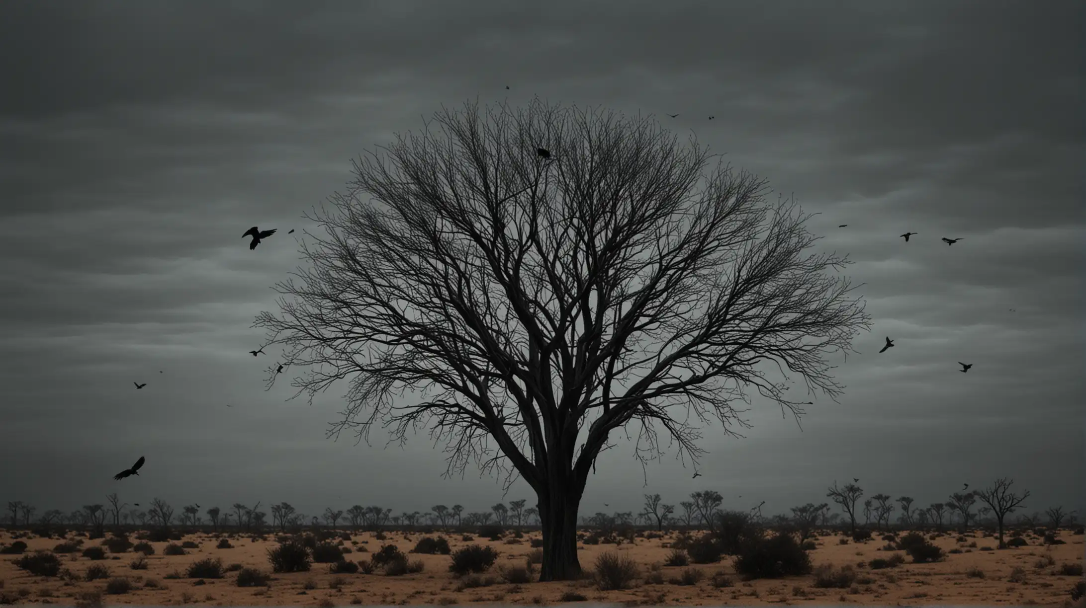 ultrarealsitic dry tree darkness birds flying 