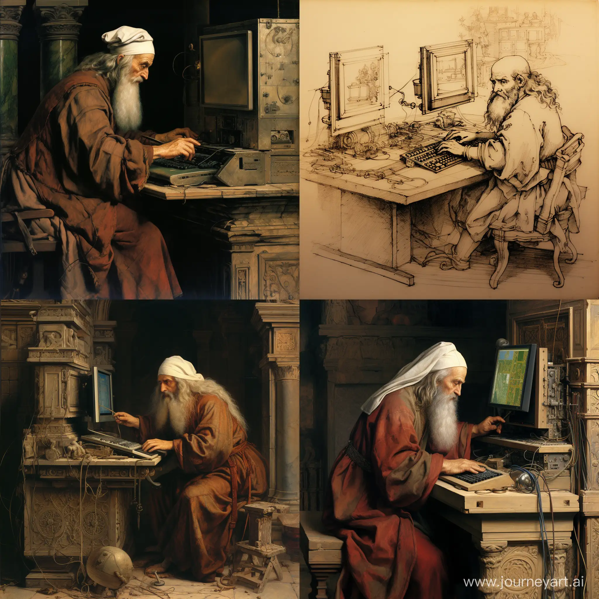 Leonardo da Vinci working on a computer