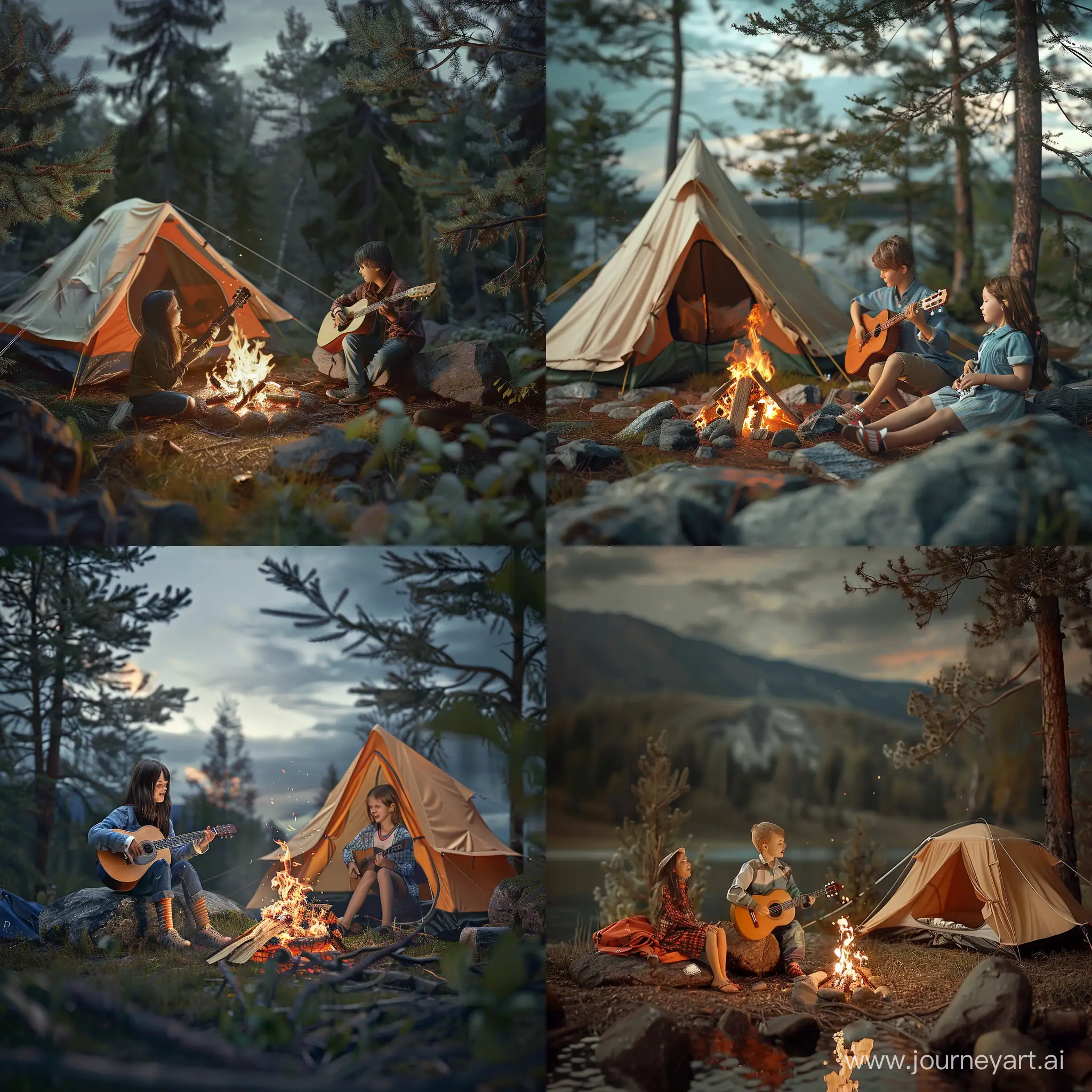 Romantic-Campfire-Serenade-Boy-and-Girl-Singing-by-Tourist-Tent