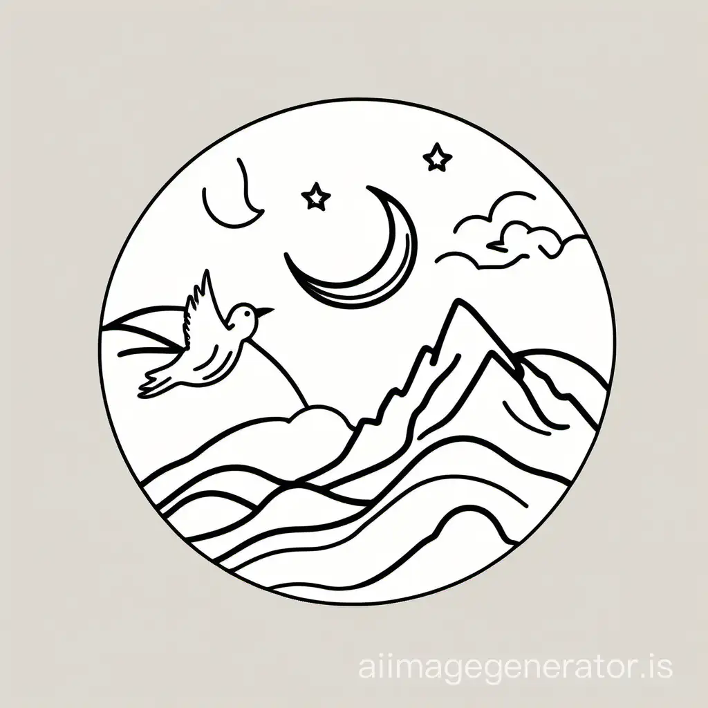 logo, one line drawing style, mountains, crescent moon, clouds, bird, minimalistic
