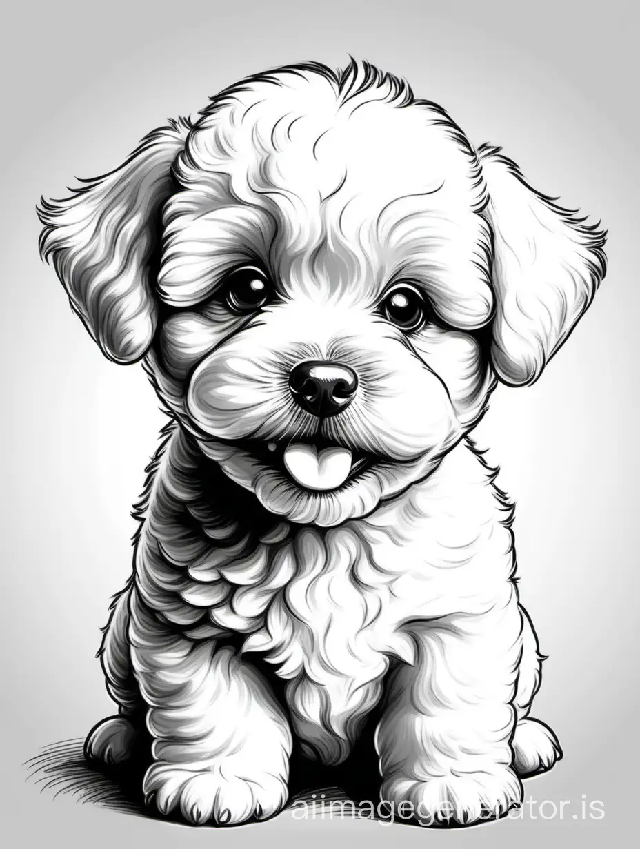 cute closeup puppy poochon breed that happy to see you. use the sketch style, black/white