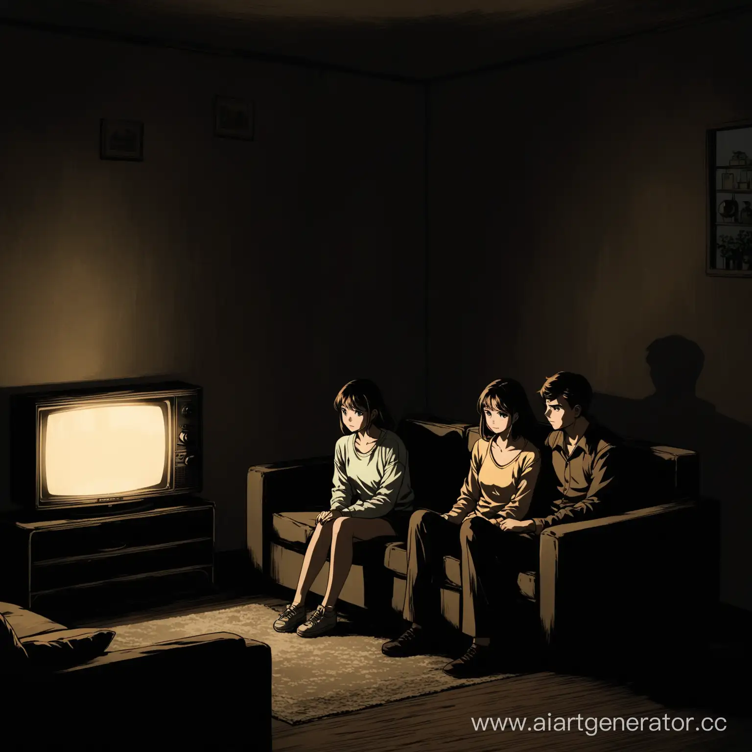 молодая пара смотрит аниме в сторону зрителя на старом телевизоре который стоит в правом углу изображения молодая пара сидит на диване в старой квартире ссср в полной темноте 