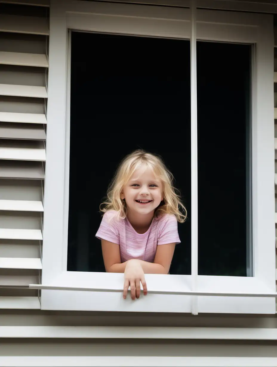 A house from the outside a covered window with blinds, a little blond smiling girl looking through the window
