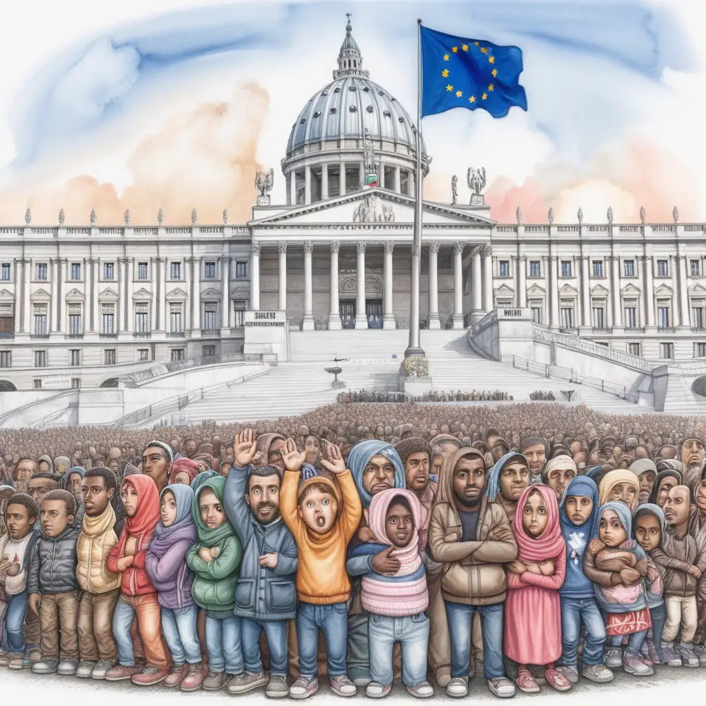 Create an image of refugees in front of the Italian Parliament. The image must be in the style of Matt Wuerker. The EU flag must be in the background