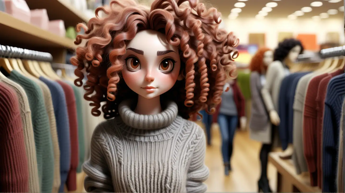 nice  kindly medium curly  girl in new york shoping an sweater