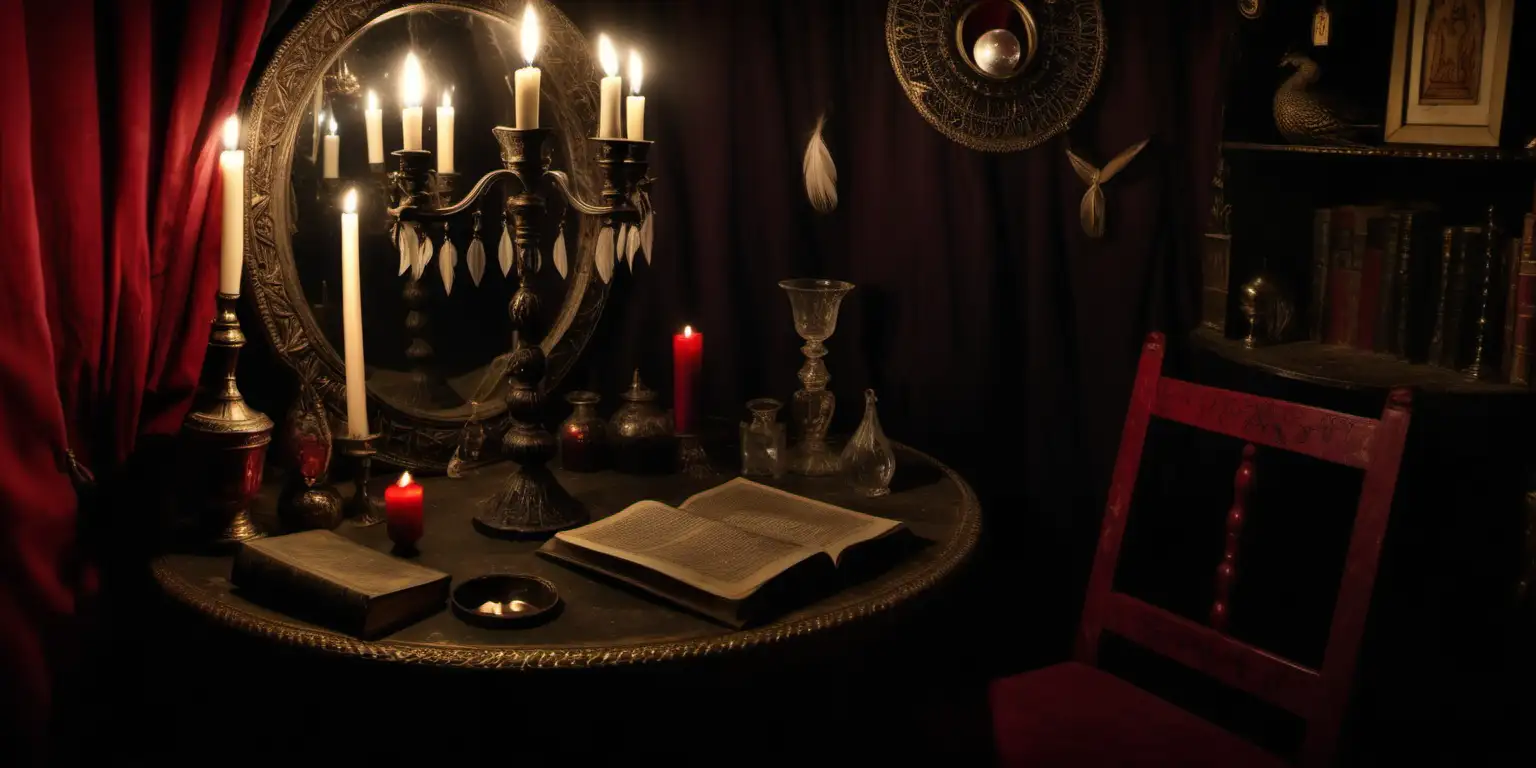 inside a dark gypsy wagon  , gothic themed , wall sconces, dimly lit candles, a round dark table with red velvet covered chairs, a crystal ball on the table , very old books about magic on a table . There is a mirror on a small table  in a dark corner of the room, there are a collection of peacock feathers in an old gothic vase on the table with the crystal ball 