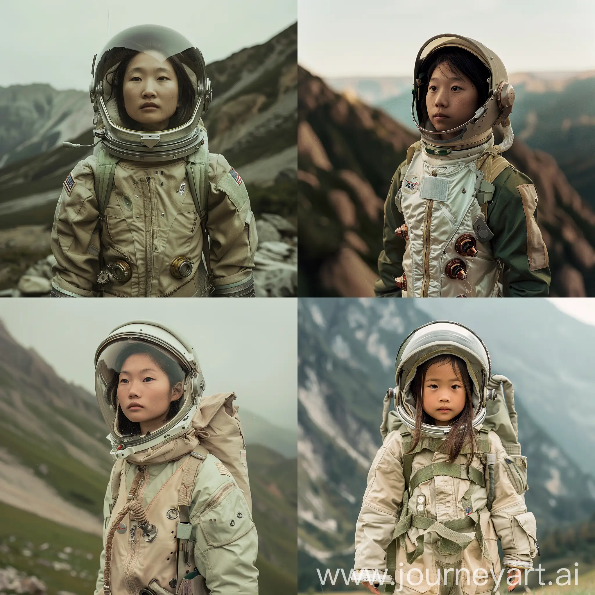 穿着宇航服的美丽的亚洲女孩，当代现实主义肖像摄影风格，深绿色和浅米色，山区，迷人的纪实照片