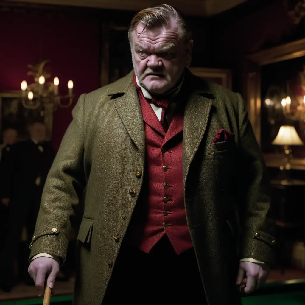 Colonel Mustard Brendan Gleeson Tweed Jacket Red Cravat in Dark Billiard Room