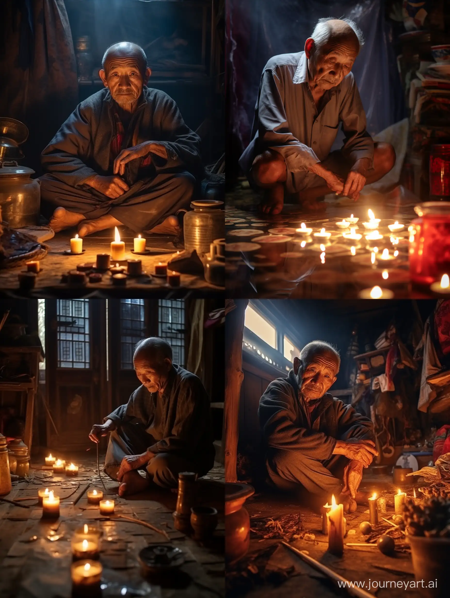 Chinese-Grandfather-Sage-Predicting-Future-in-Candlelit-Room