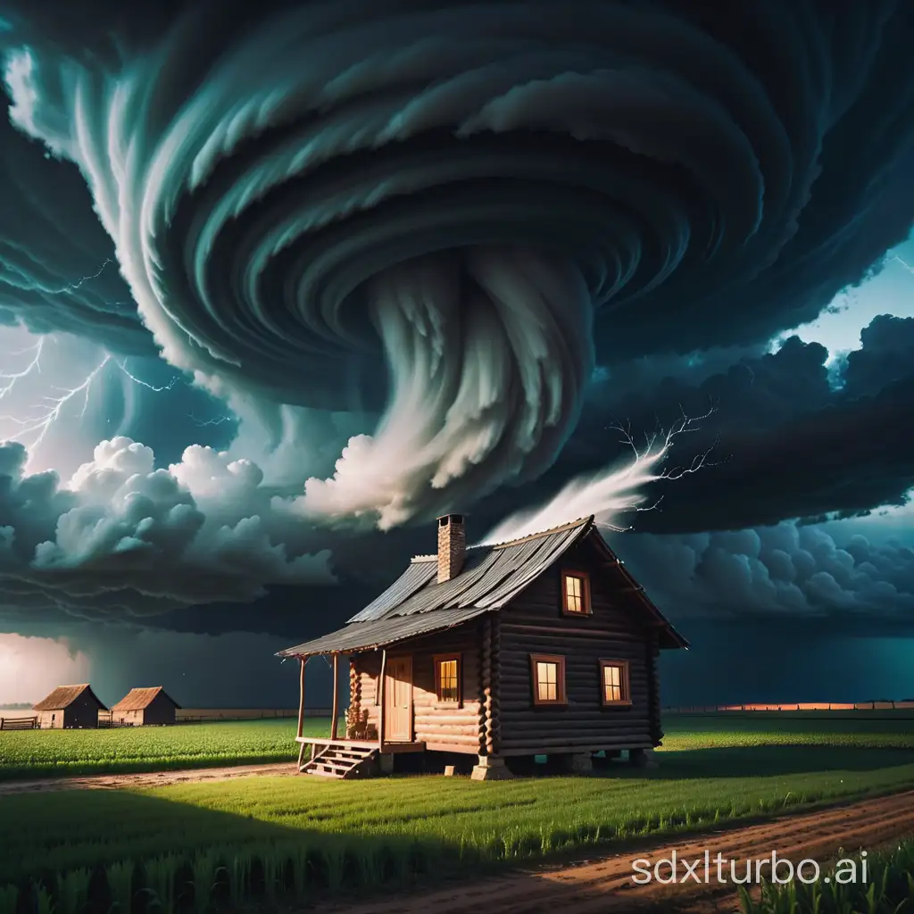 a cabin flying in the middle of a storm in a farm, fairy tales, windy, tornado
