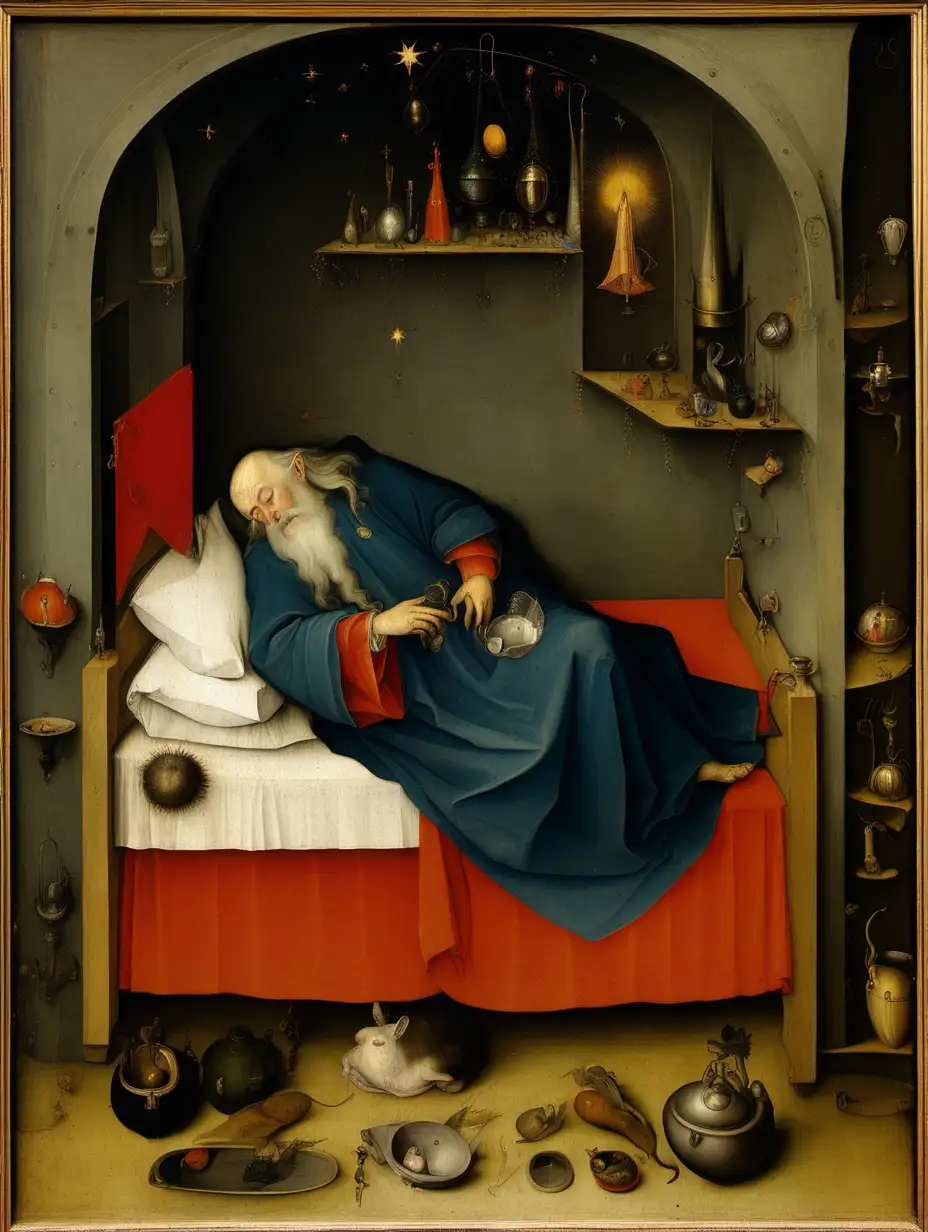bosch painting depicting a wizard sleeping in a large bed