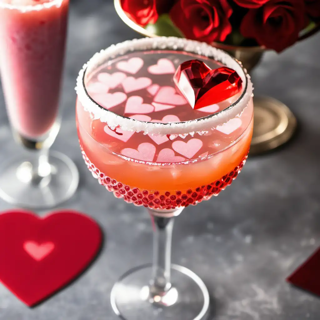 make a Valentine's Day margarita on table top with a heart as a garnish in a crystal margarita glass --background is filled with Valentine's Day theme 