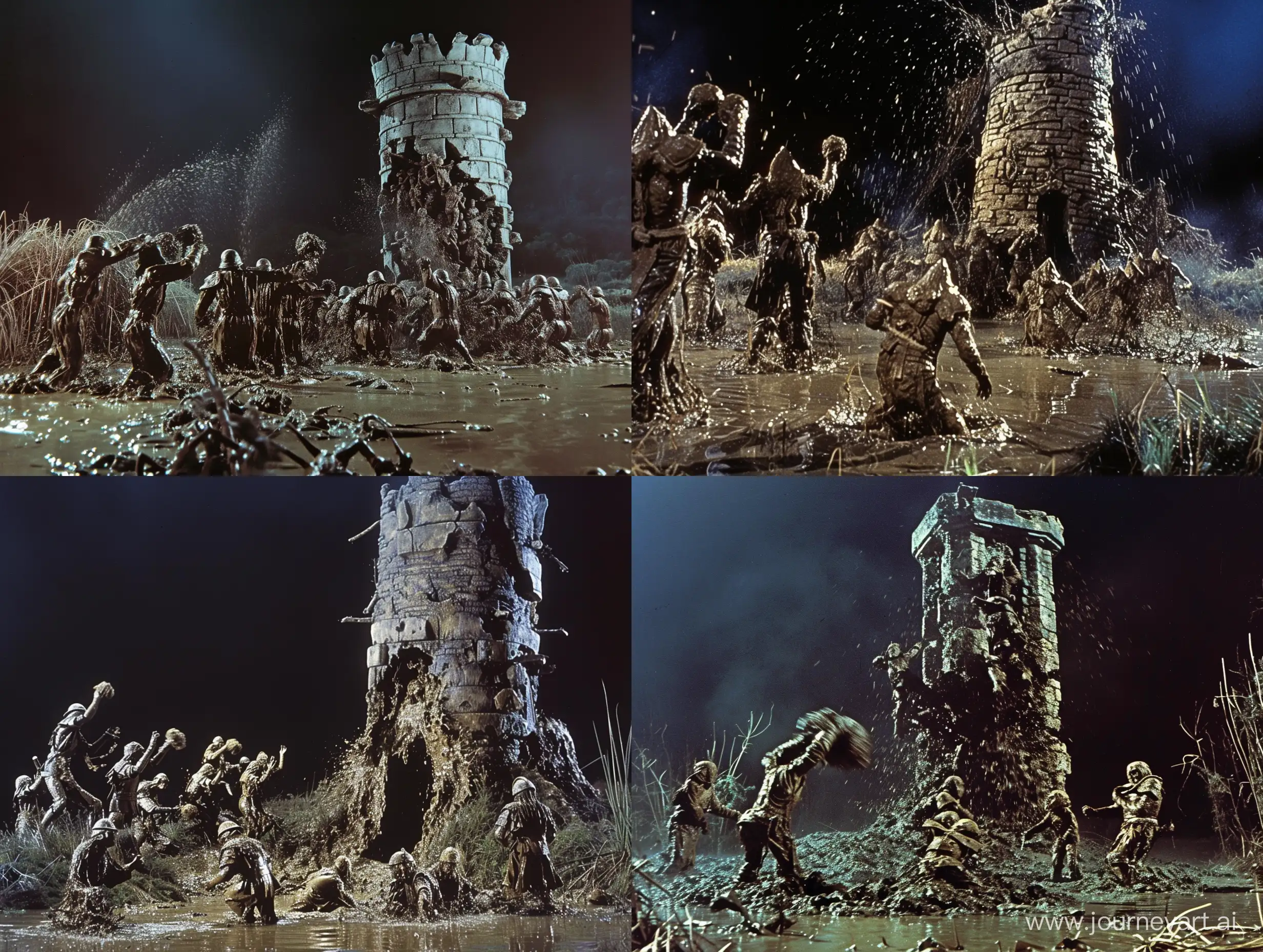 dvd screenengrabs character/arx fatalis small mud men composed of swampy mud throwing clumps of mud at a group of group of lightly armored warriors emerging from a crumbling ancient stone work tower emerging from a swampy marshland at night dark fantasy 1980 style