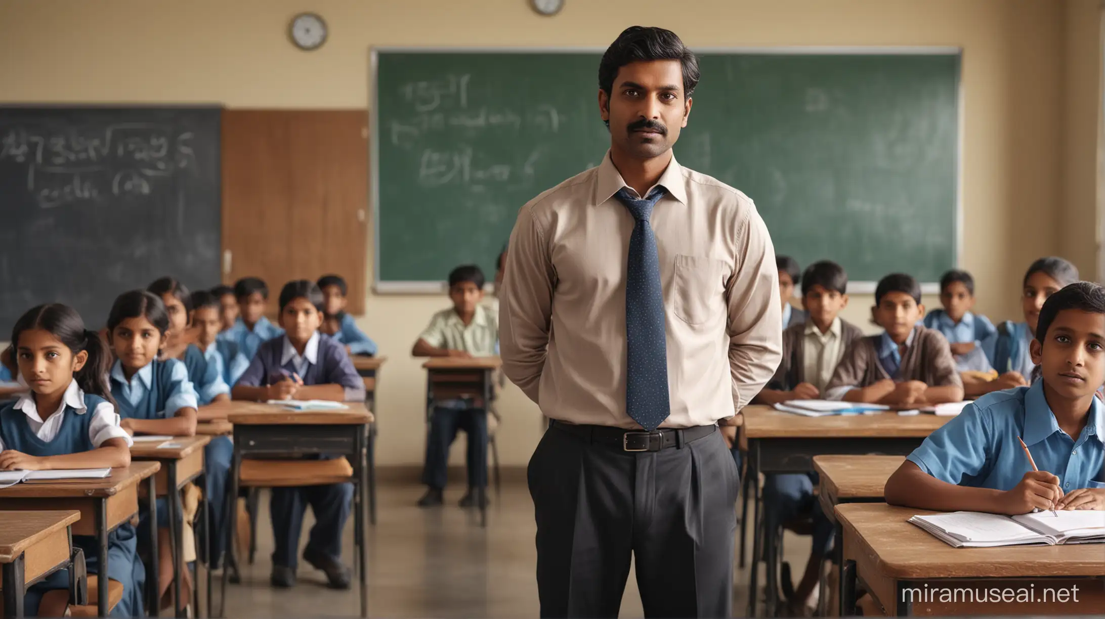 indian male teacher standing in class room, in front of childrens, shot from canon DSLR, shot on 50 mm lense, hyper realistic, hyper detailed