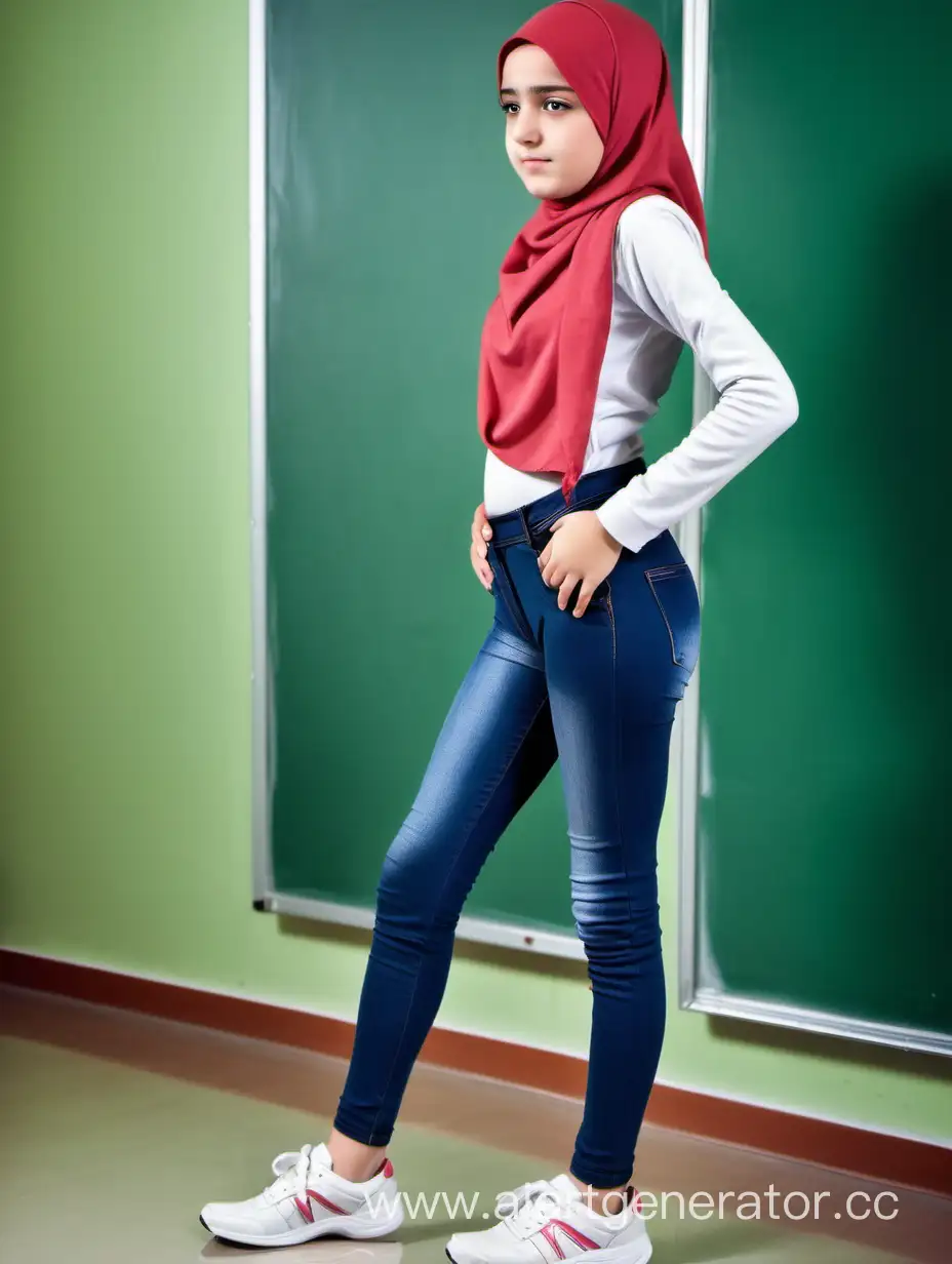 A girl wears hijab. The girl wears a high waist tight jeans, sport shoes. 12 years old. From the side. Top view. Classroom. Cute, beautiful, turkish. Ass pose. She is in pain.