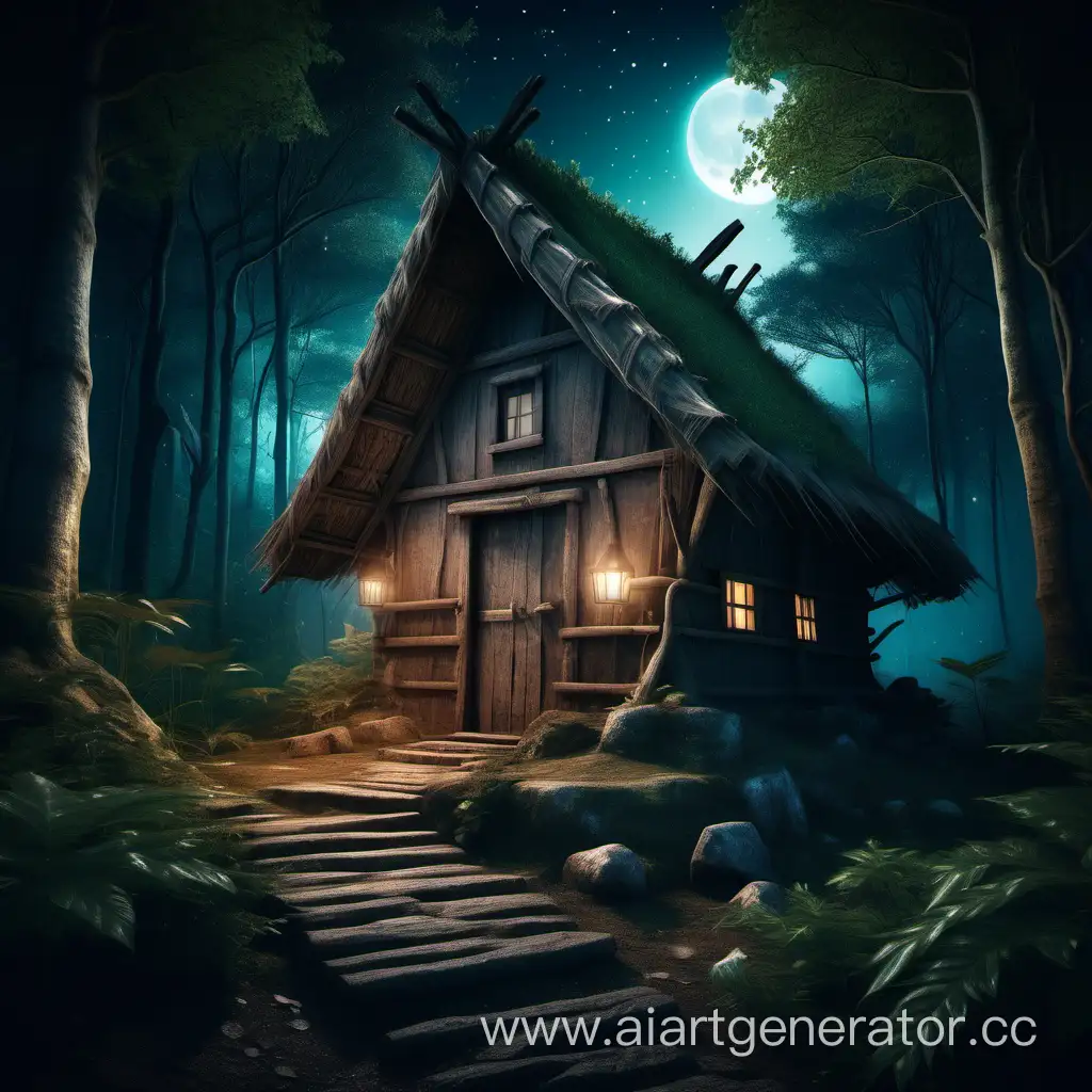 Enchanting-Night-Scene-Ancient-Hut-in-Fantasy-Forest