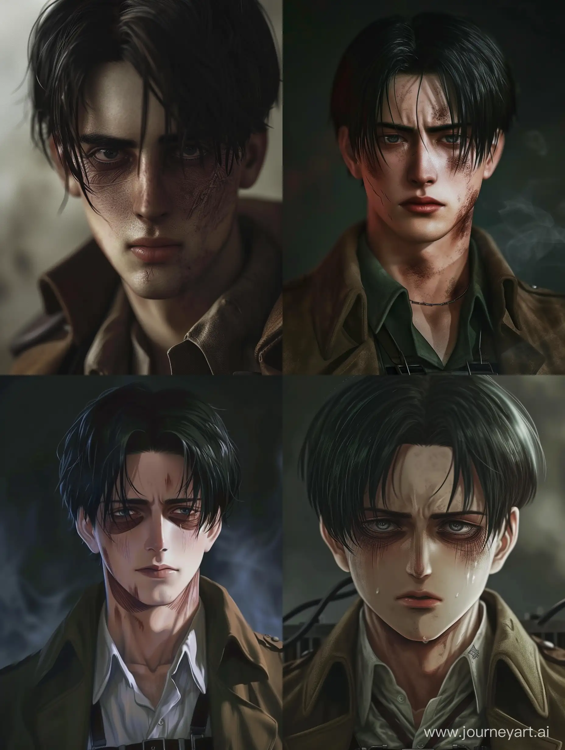 Realistic Levi Ackerman from Attack on Titan season 4 in his 30s and with dark circles