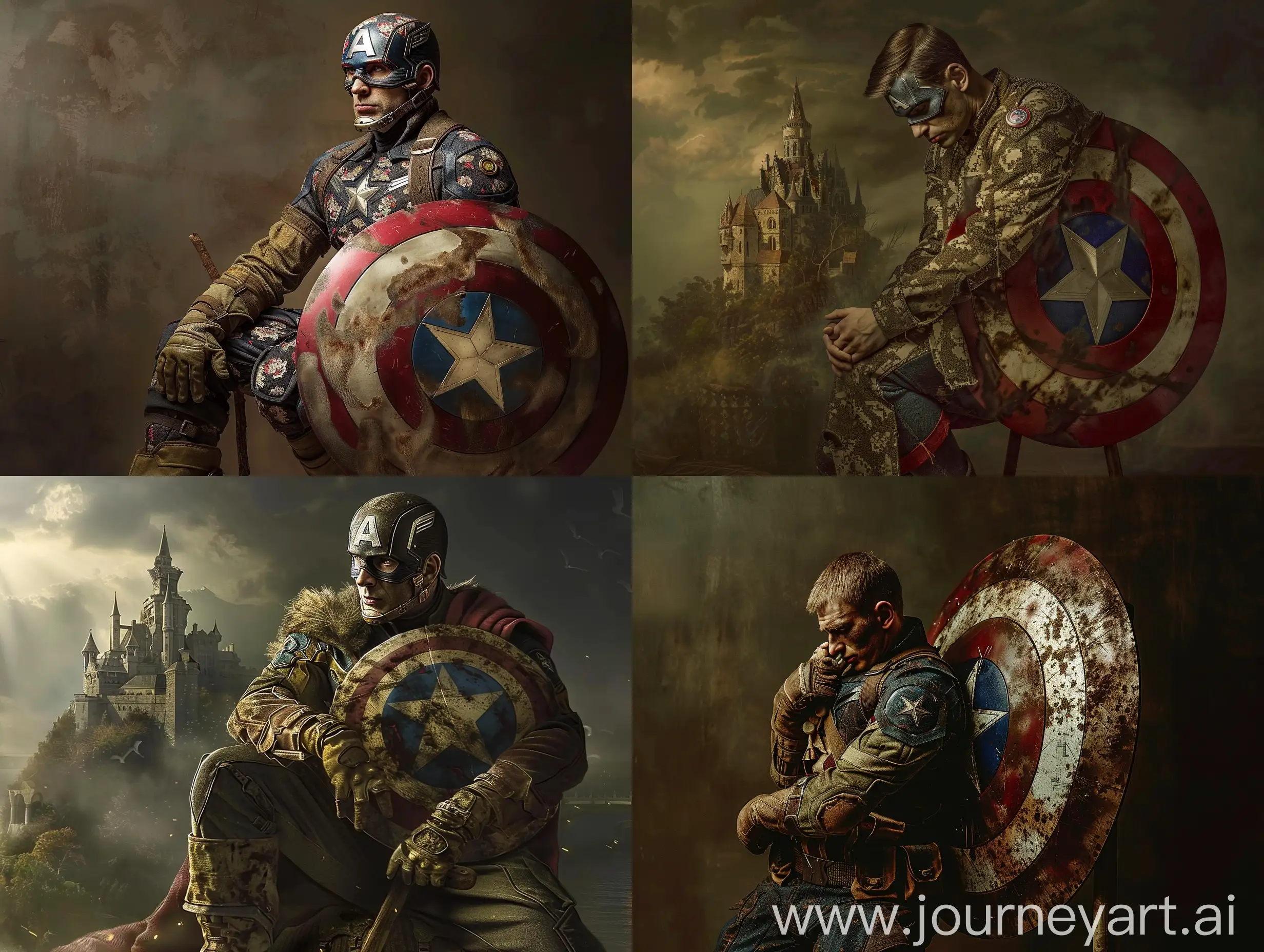 Captain America is a Marvel character, Captain America is wearing a 80's military uniform, Captain America is like a crusader soldier, Captain America's shield is a 15th century castle, Captain America is wearing an old handkerchief. Is. His right hand puts the shield on his left leg, Captain America is sitting on a stick, Captain America is in Camelot Palace in the 15th century, the lighting is classic, the witcher is in the style of the Persian prince, the face of Captain America is ordinary. , excellent quality, very clear, very realistic, q2.