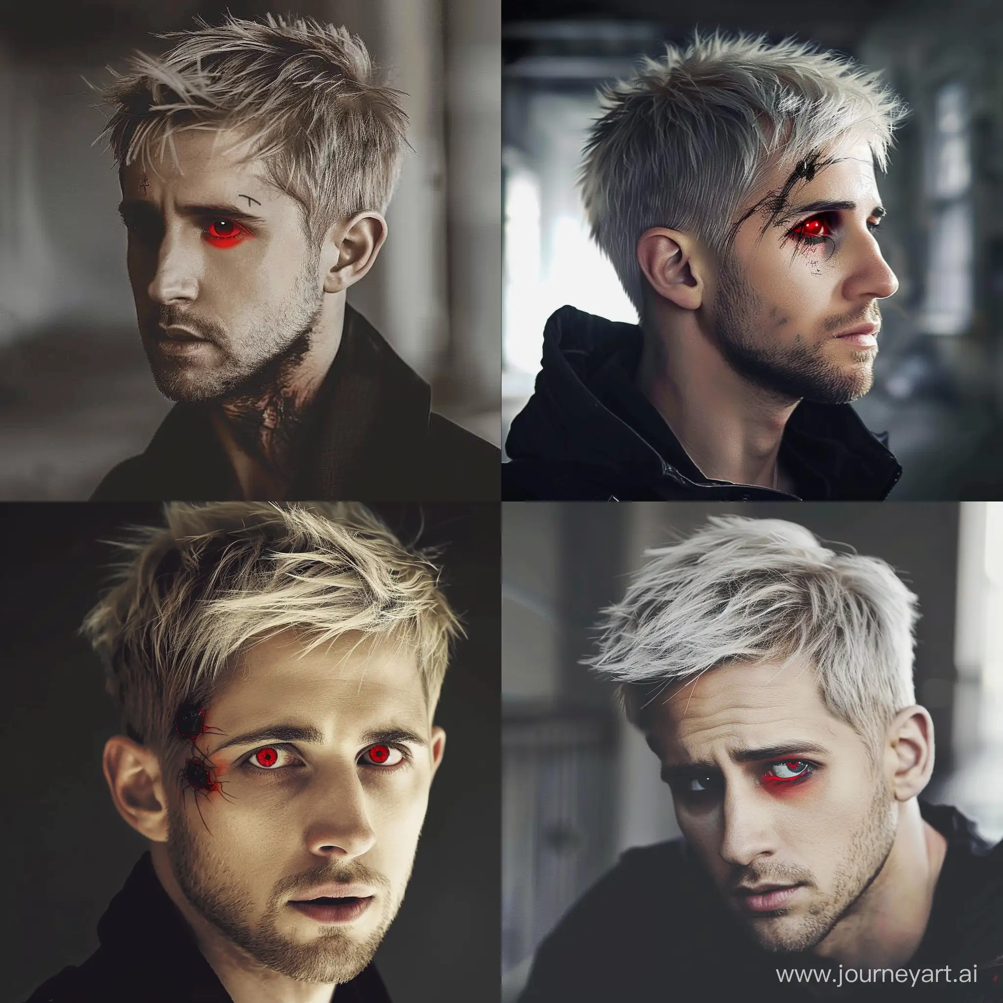Ryan Gosling with a hairstyle and a red eye like Kaneki Ken from the anime Tokyo Ghoul --v 6 --ar 1:1 --no 26516