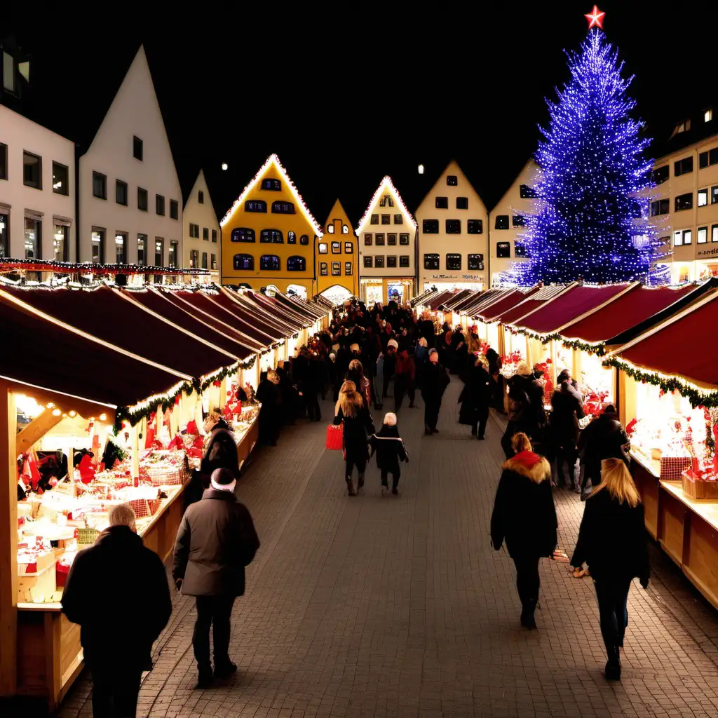 Vibrant Christmas Market Scene with Festive Stalls and Cheerful Crowds