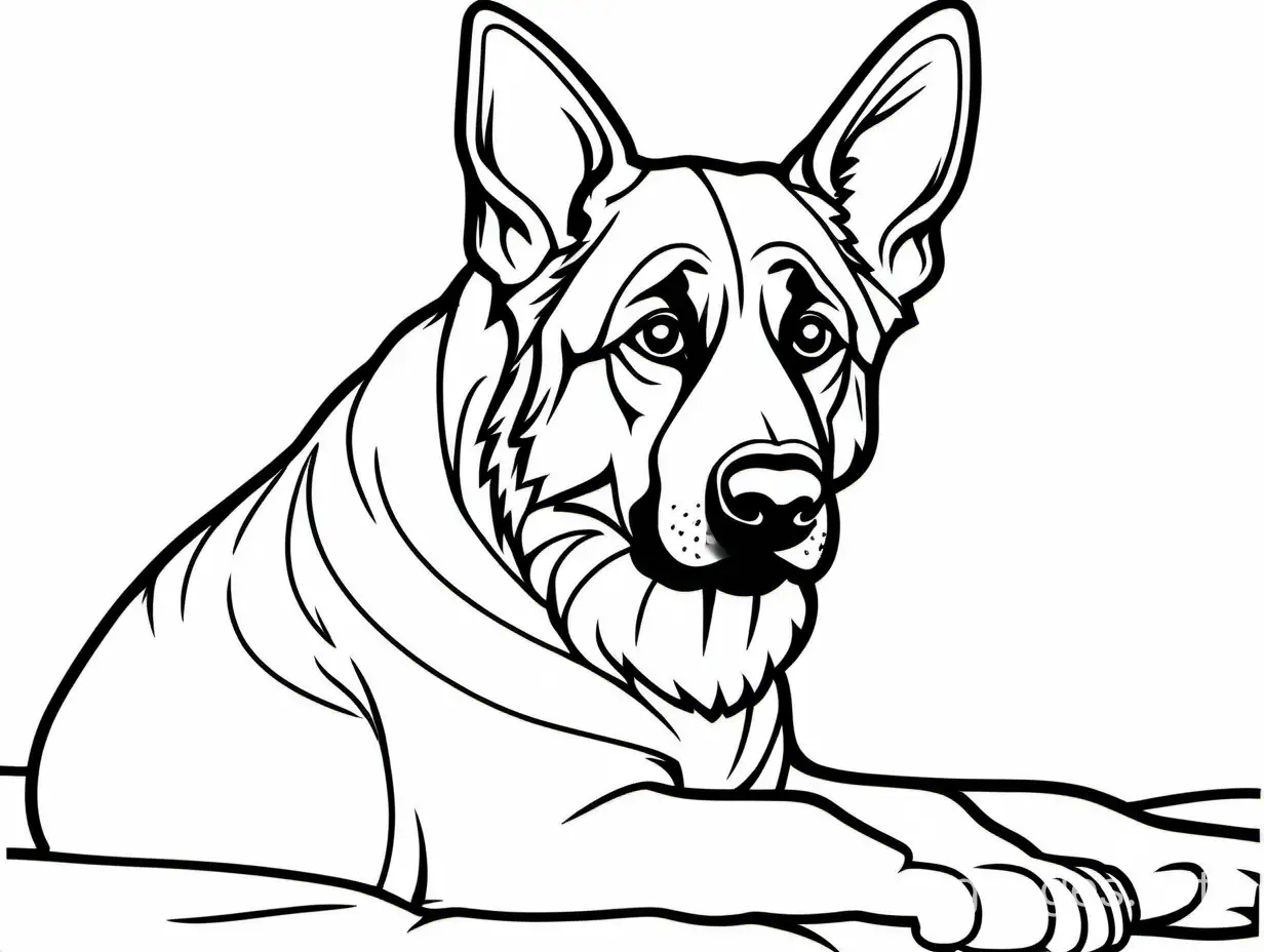 German Shepherd, Coloring Page, black and white, line art, white background, Simplicity, Ample White Space. The background of the coloring page is plain white to make it easy for young children to color within the lines. The outlines of all the subjects are easy to distinguish, making it simple for kids to color without too much difficulty
