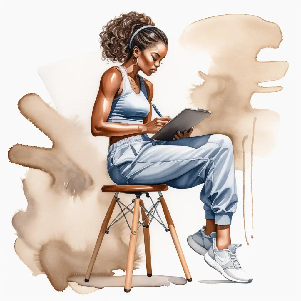 create a watercolor based  illustration with a faceless african american brown skin woman as the subject. the subject is shown full body sitting. she is sitting with her legs crossed, holding a pen and pad. she is shown doing the action of drawing. she is feminine. she has black silky hair. she is holding in her hand a pad and a pen, to symbolize creativity. she is an artist. she is wearing a light cadet blue crop top. her sweatpants are gold.